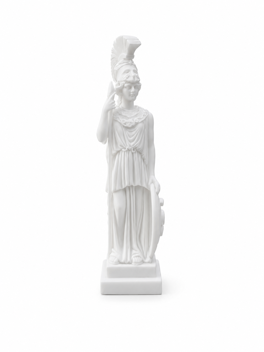 Athena statue with her spear and shield standing