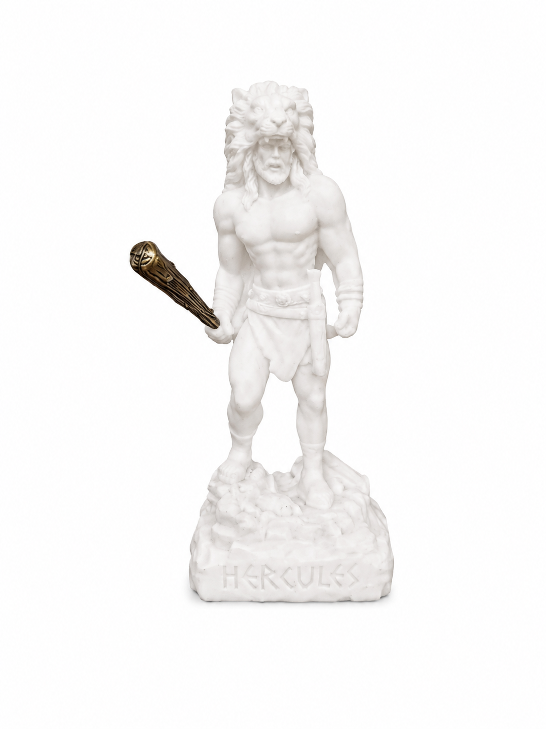 Hercules in a lion hat holds a bat