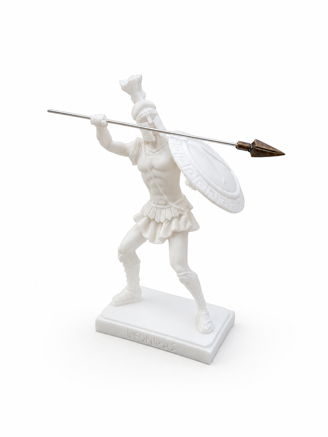 Leonidas statue in fighting position holding spear and shield