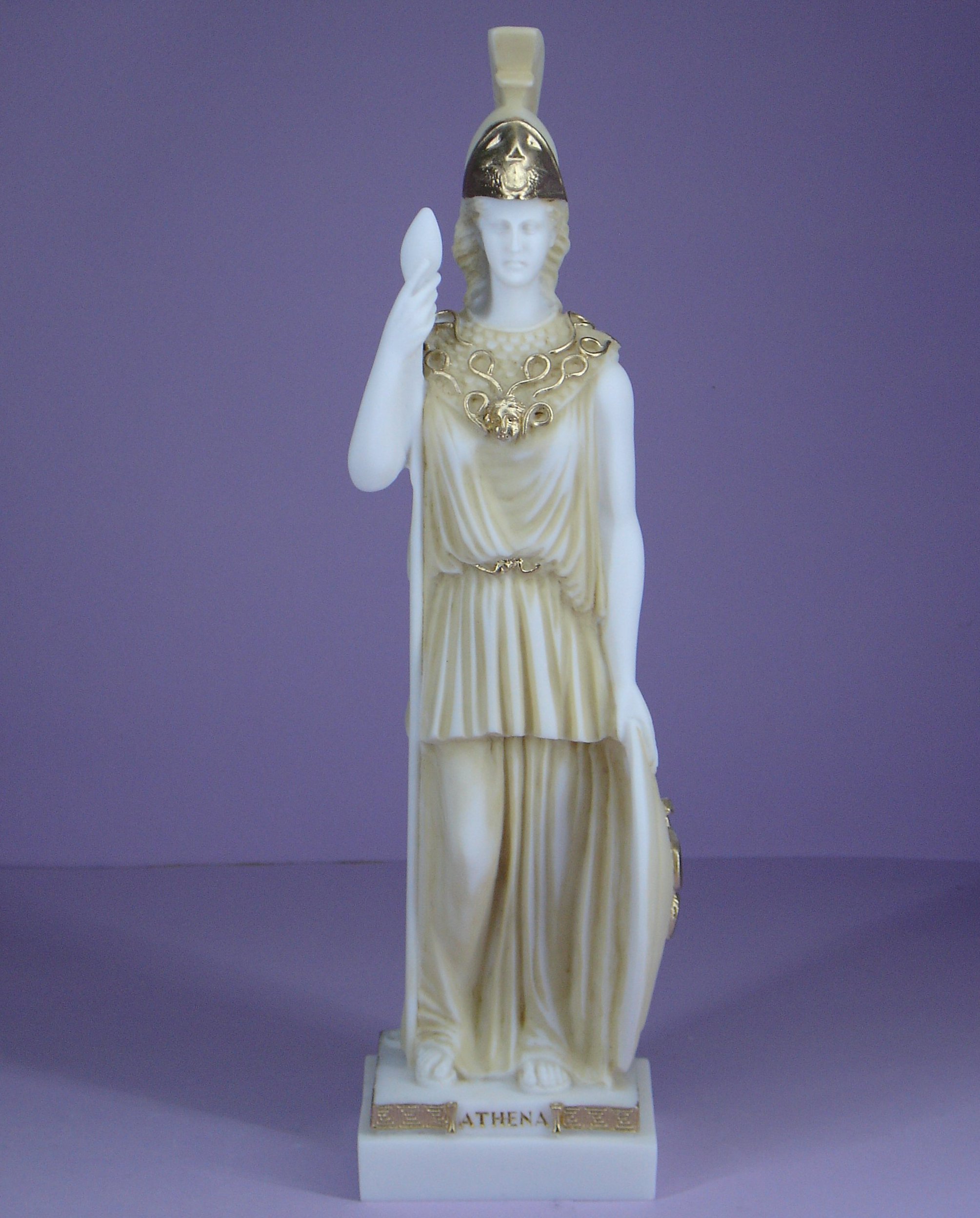 Athena statue with her spear and shield standing